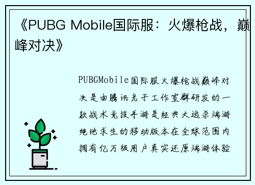 《PUBG Mobile国际服：火爆枪战，巅峰对决》