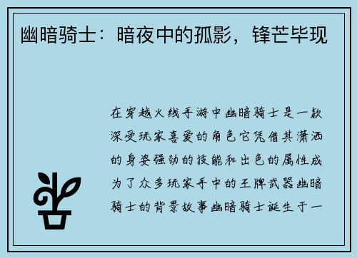 幽暗骑士：暗夜中的孤影，锋芒毕现