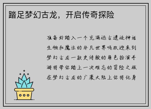 踏足梦幻古龙，开启传奇探险